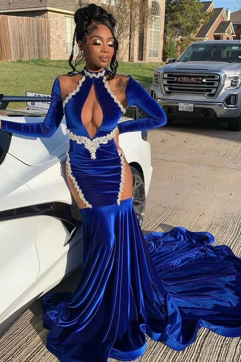 Halter Royal Blue Bodycon Prom Dresses with Sleeves