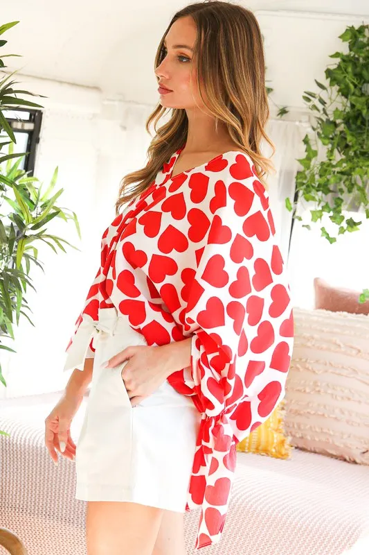 Heart Print Flowy Kimono Top