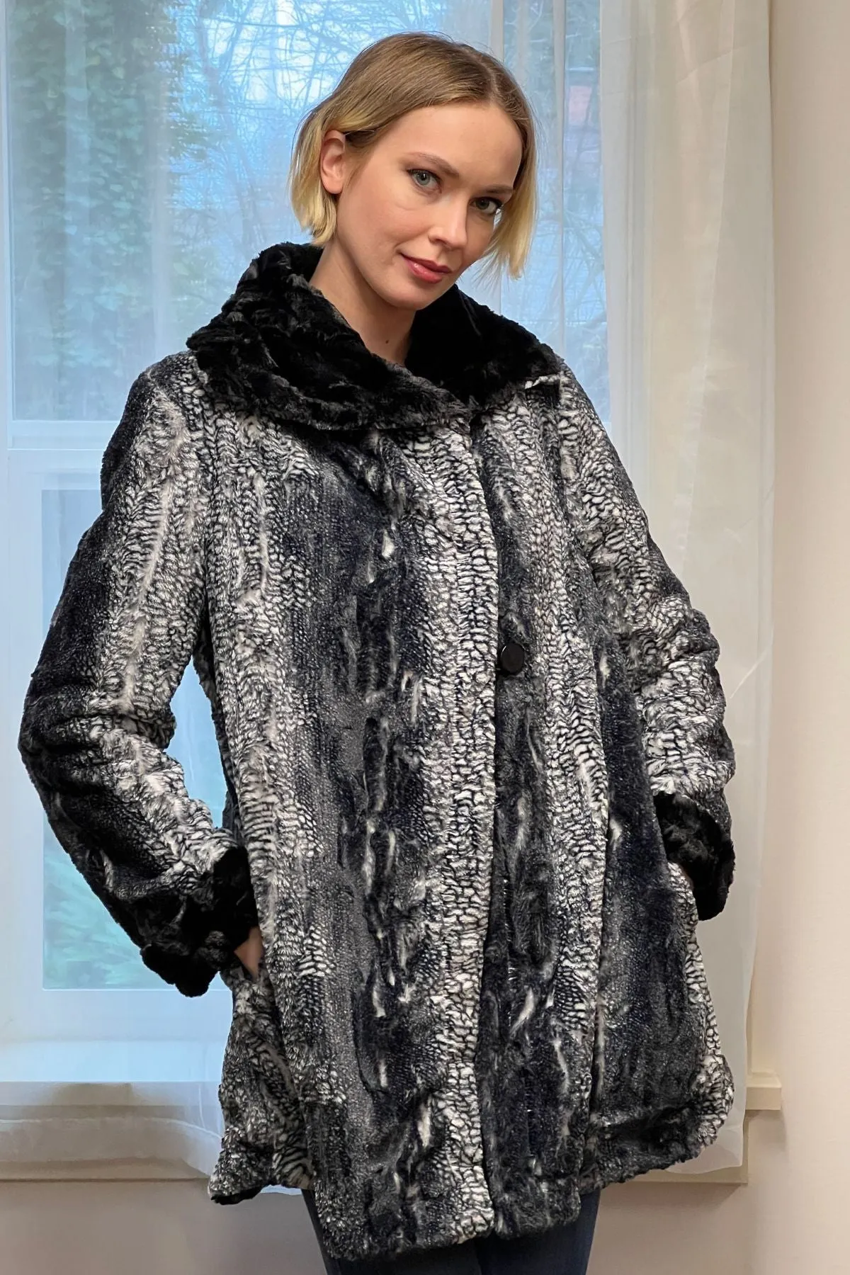 Hepburn Swing Coat - Luxury Faux Fur in Black Mamba (Sold Out!)