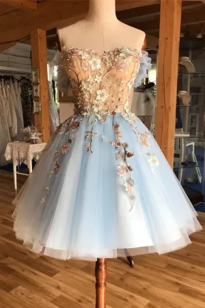 Lace Up Appliques Short Light Blue Homecoming Dresses