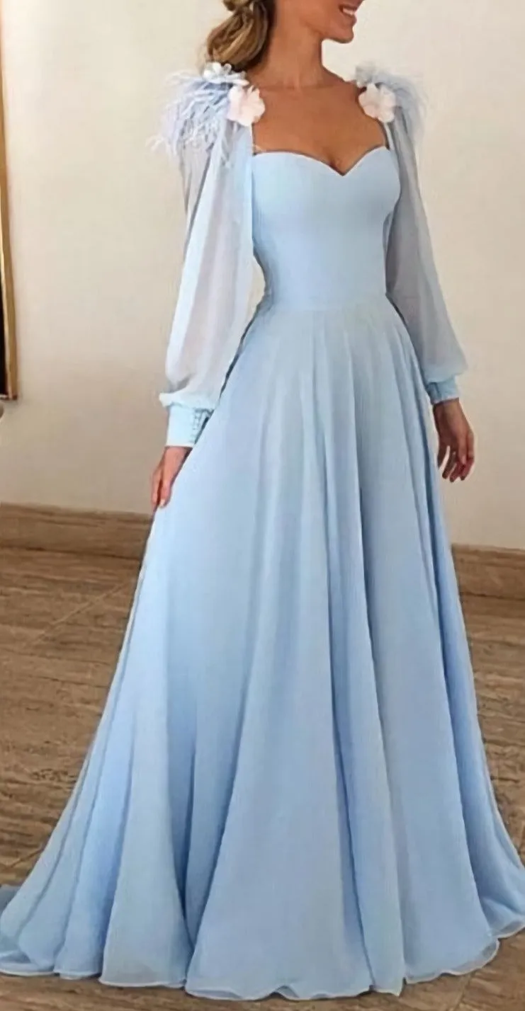 Light Blue Long Sleeves Sweetheart A Line Long Prom Dresses