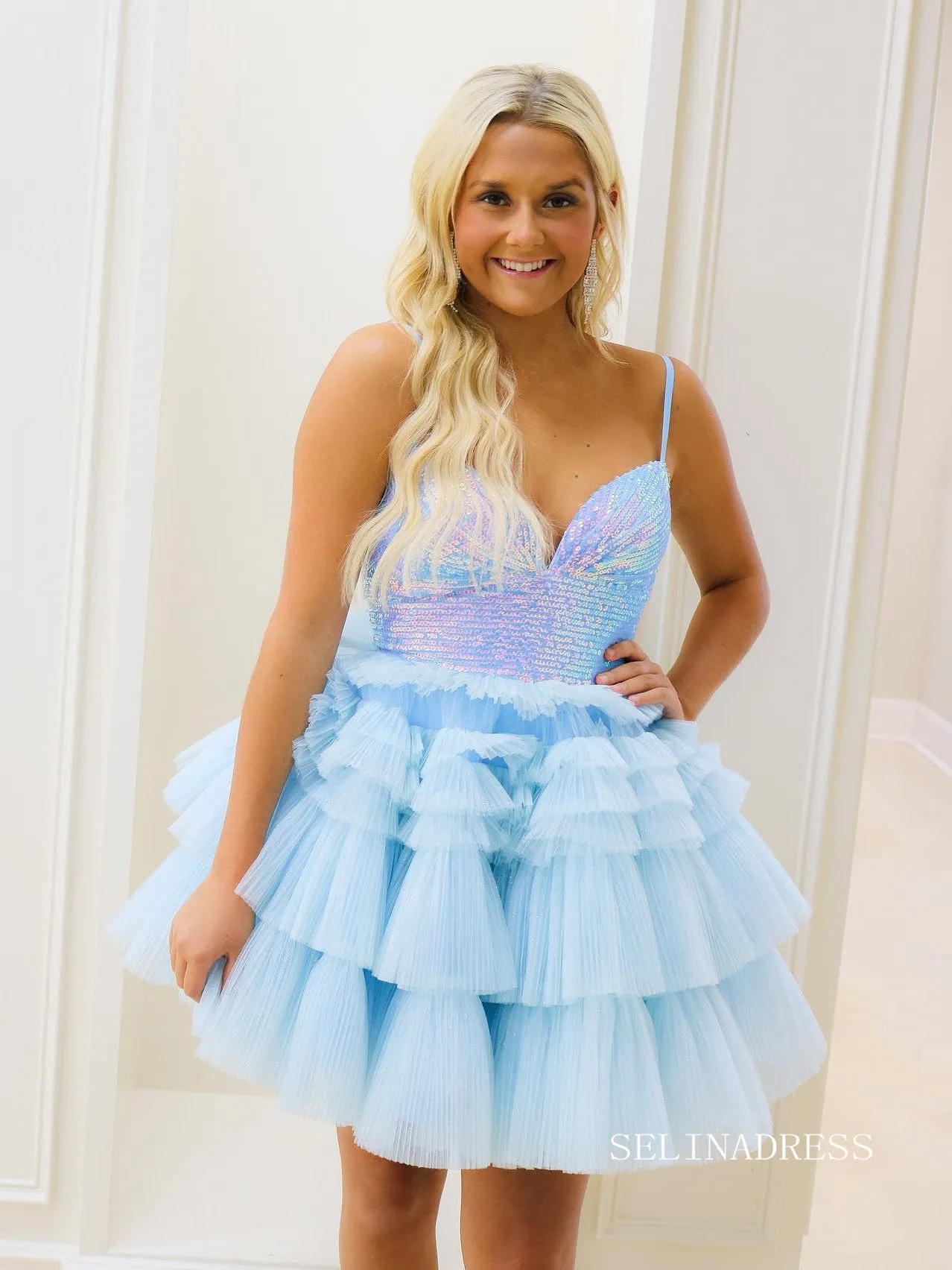 Light Sky Blue Sequin V-Neck Tiered Short Party Dress #lpk800