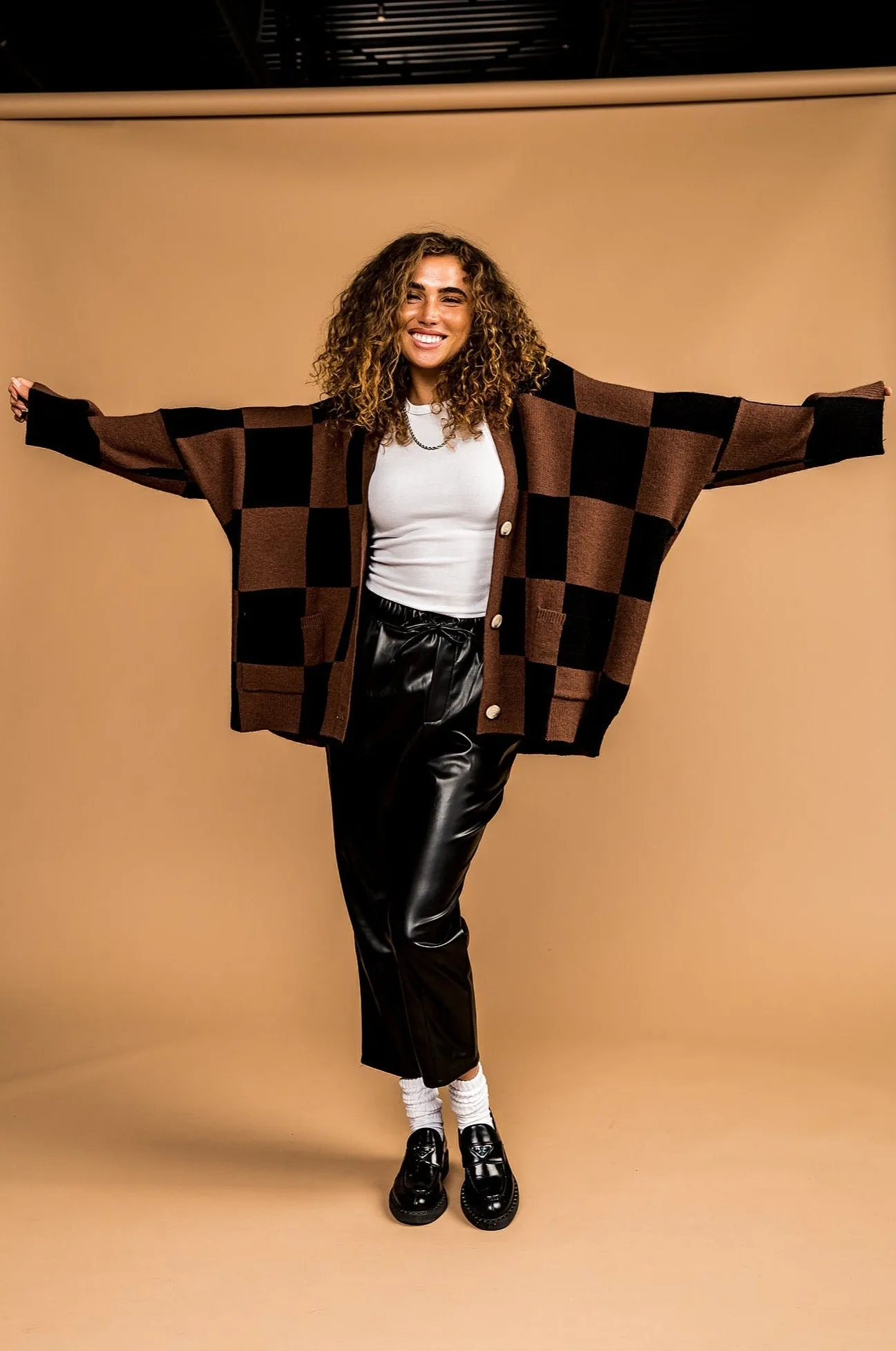 Love You Oversized Checkerboard Cardigan in Mocha   Black