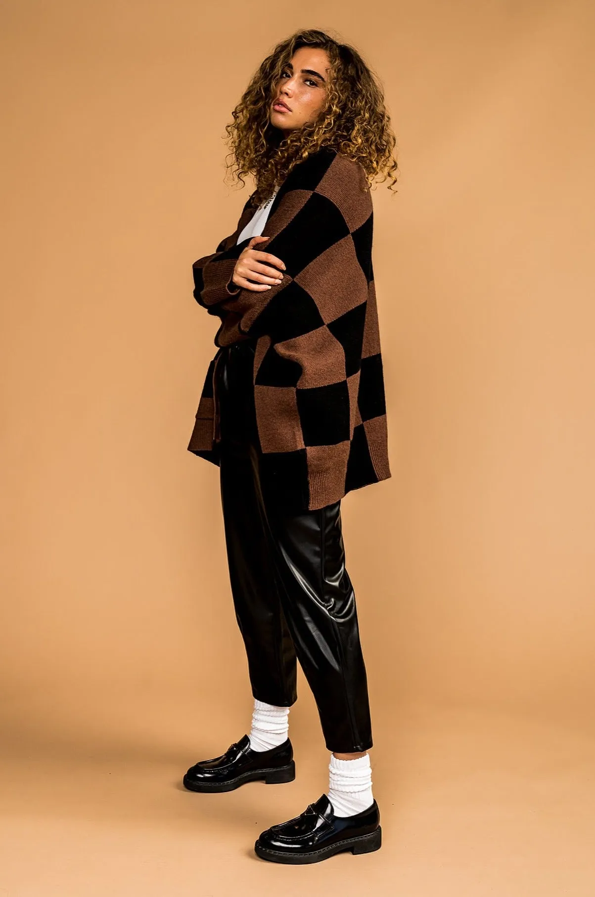 Love You Oversized Checkerboard Cardigan in Mocha   Black