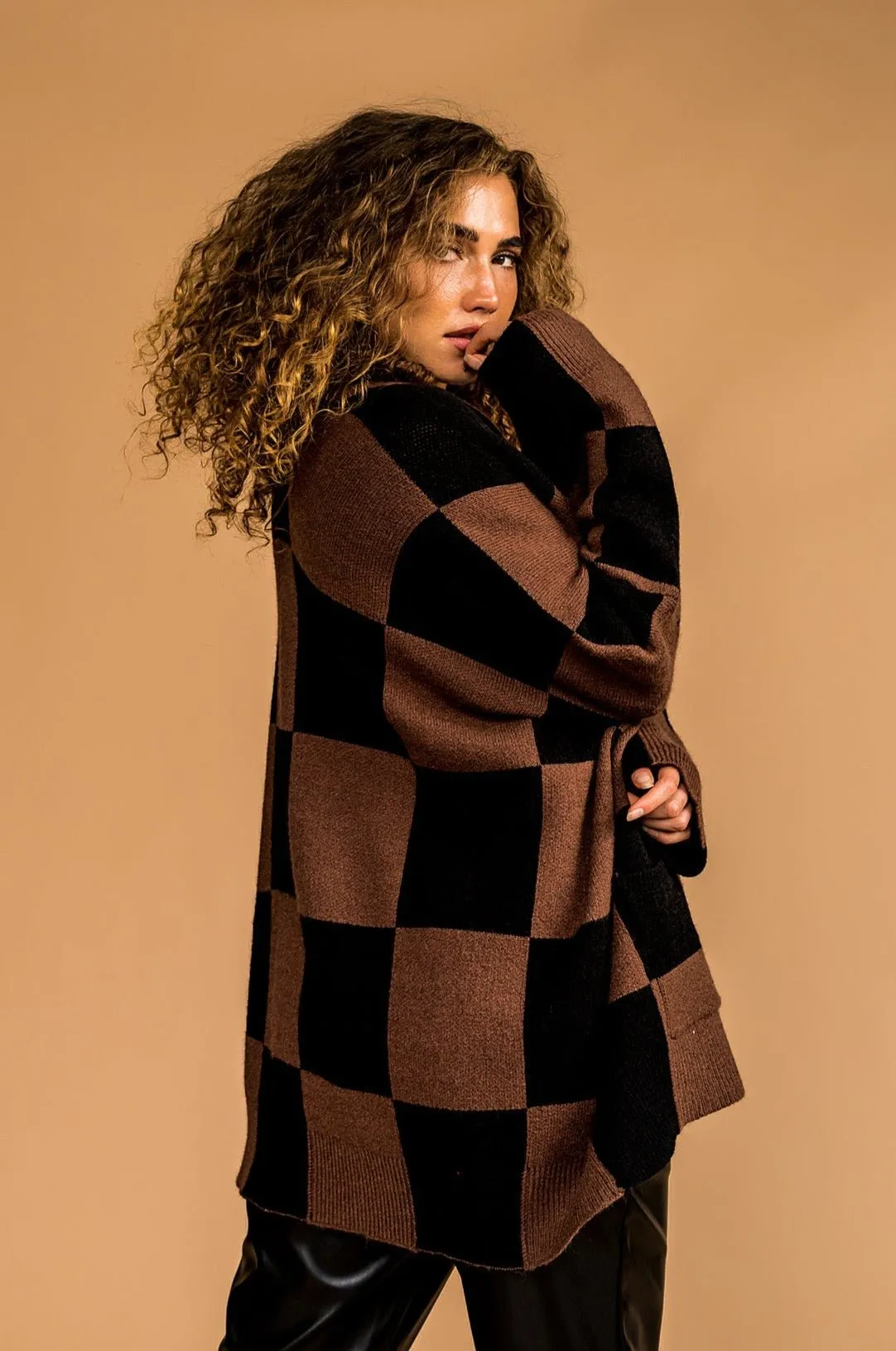 Love You Oversized Checkerboard Cardigan in Mocha   Black