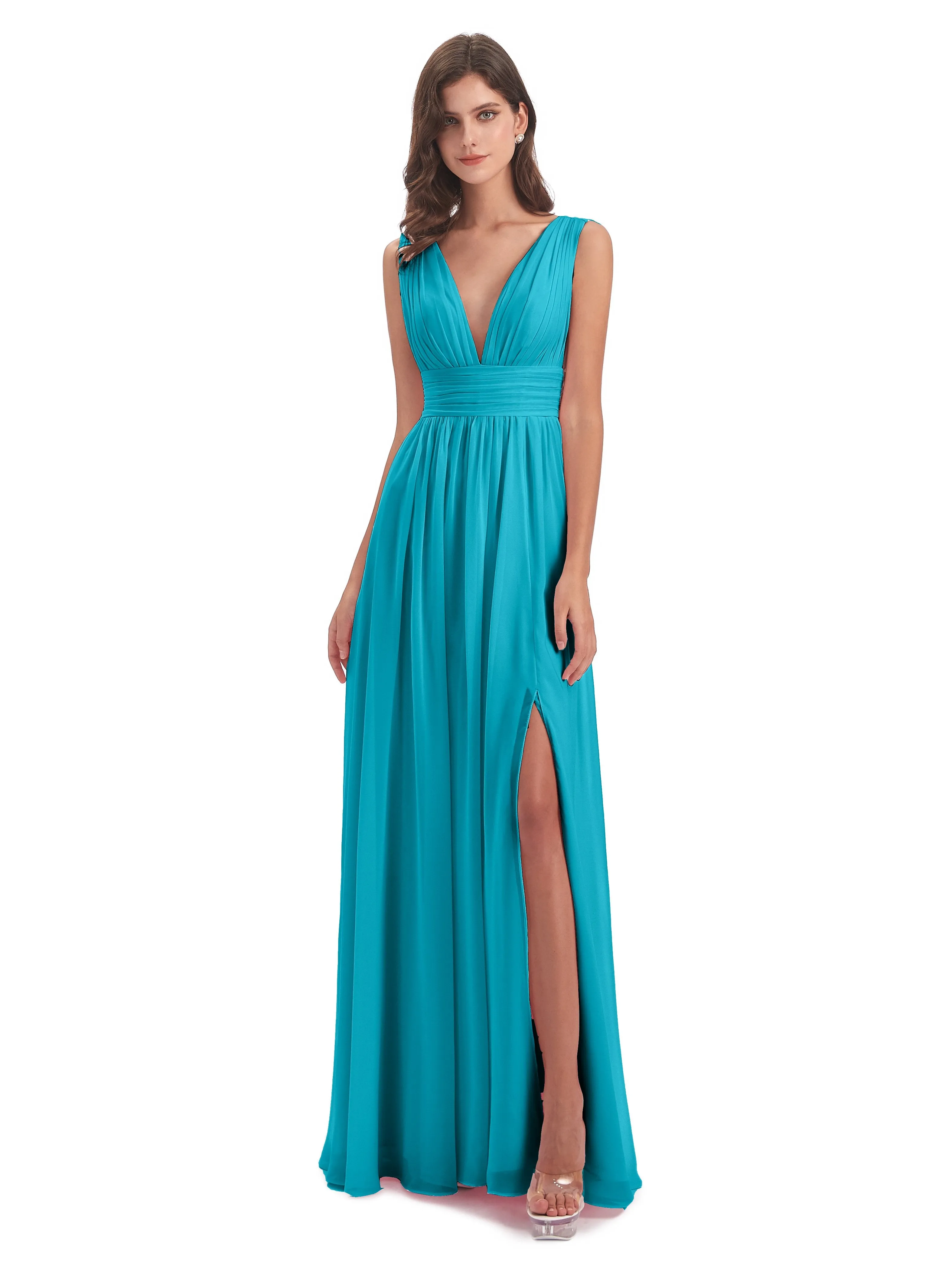 Luna Charming Chiffon V Neck Split Long Bridesmaid Dresses