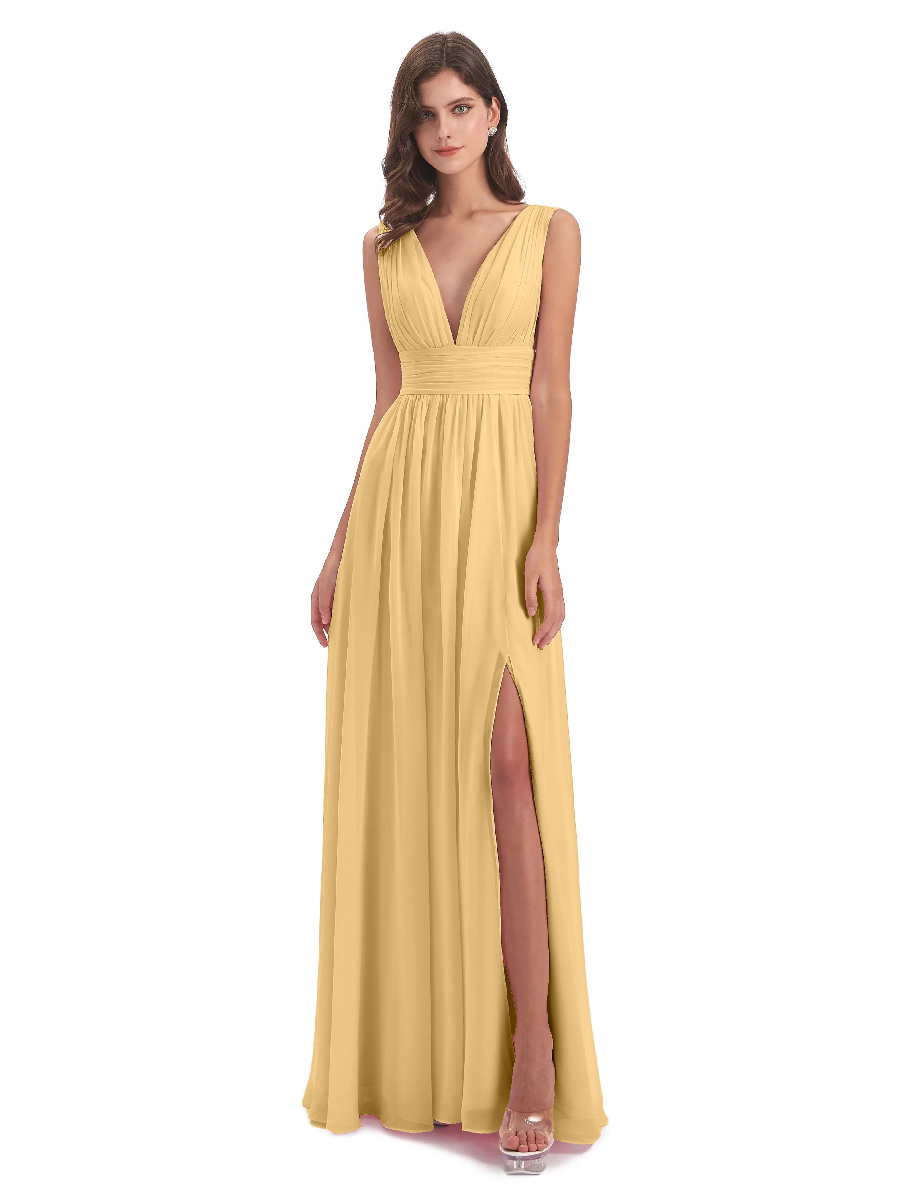 Luna Charming Chiffon V Neck Split Long Bridesmaid Dresses