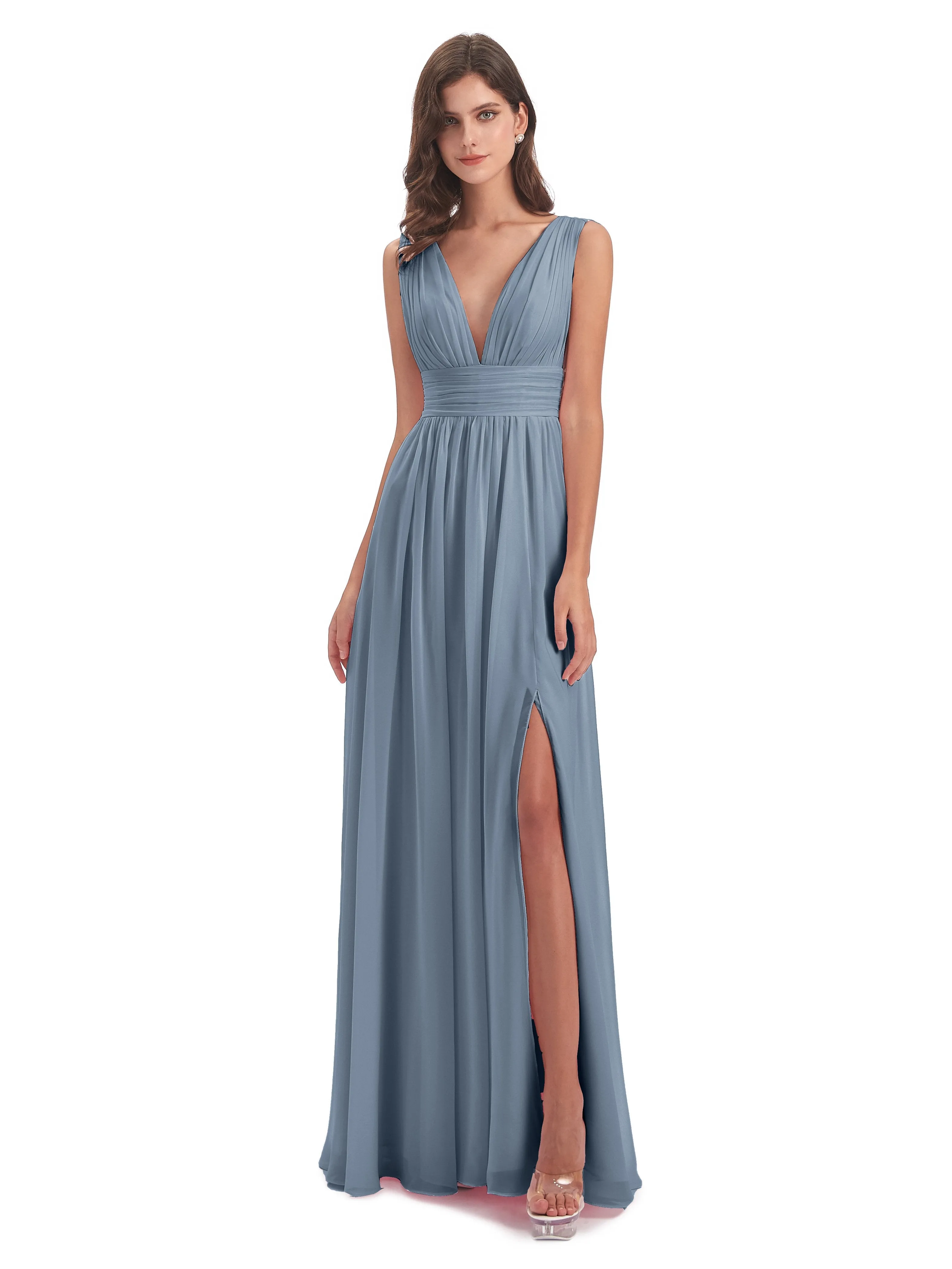 Luna Charming Chiffon V Neck Split Long Bridesmaid Dresses