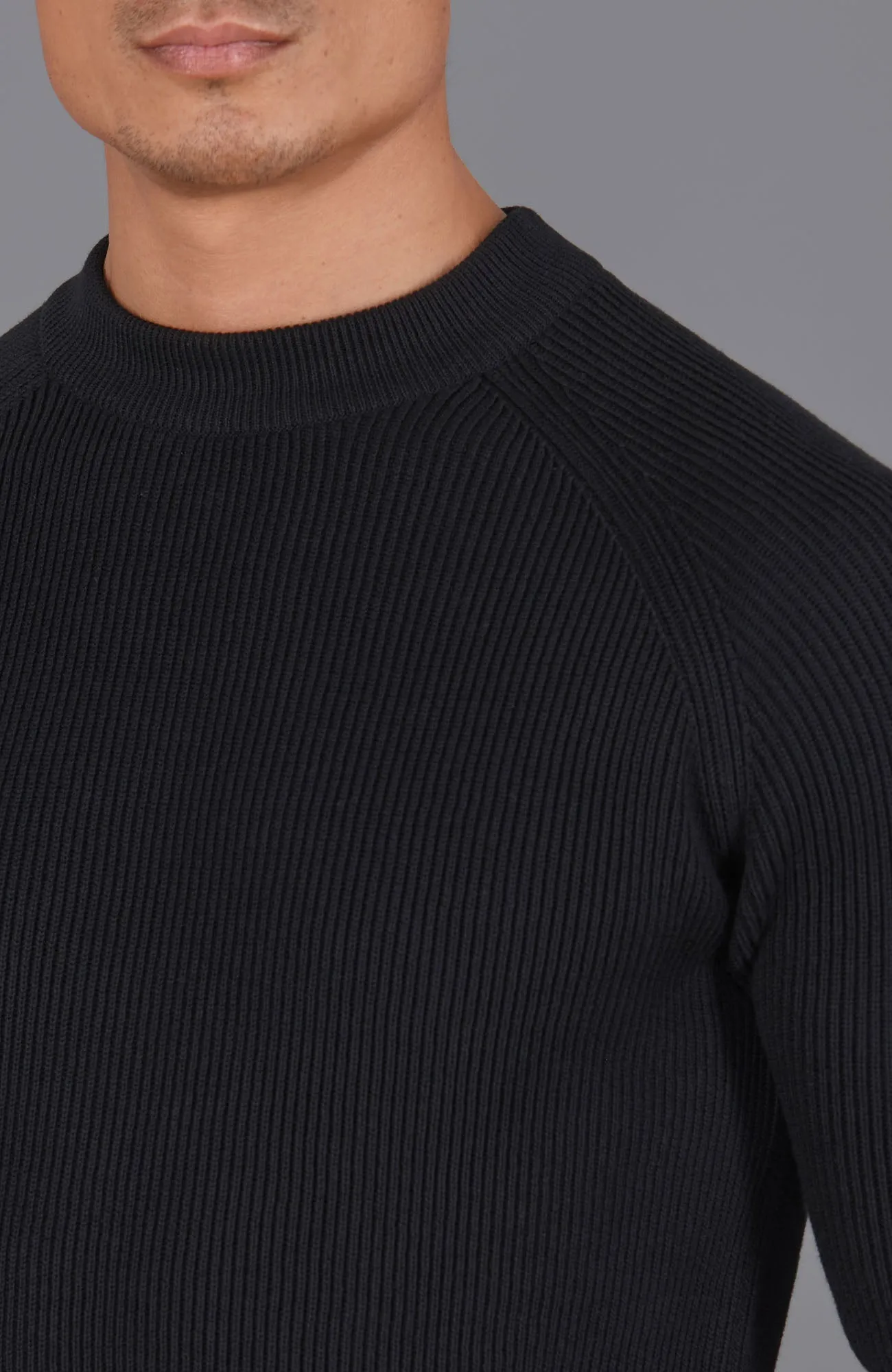 Mens Midweight Cotton Ribbed High Crew Neck Jumper