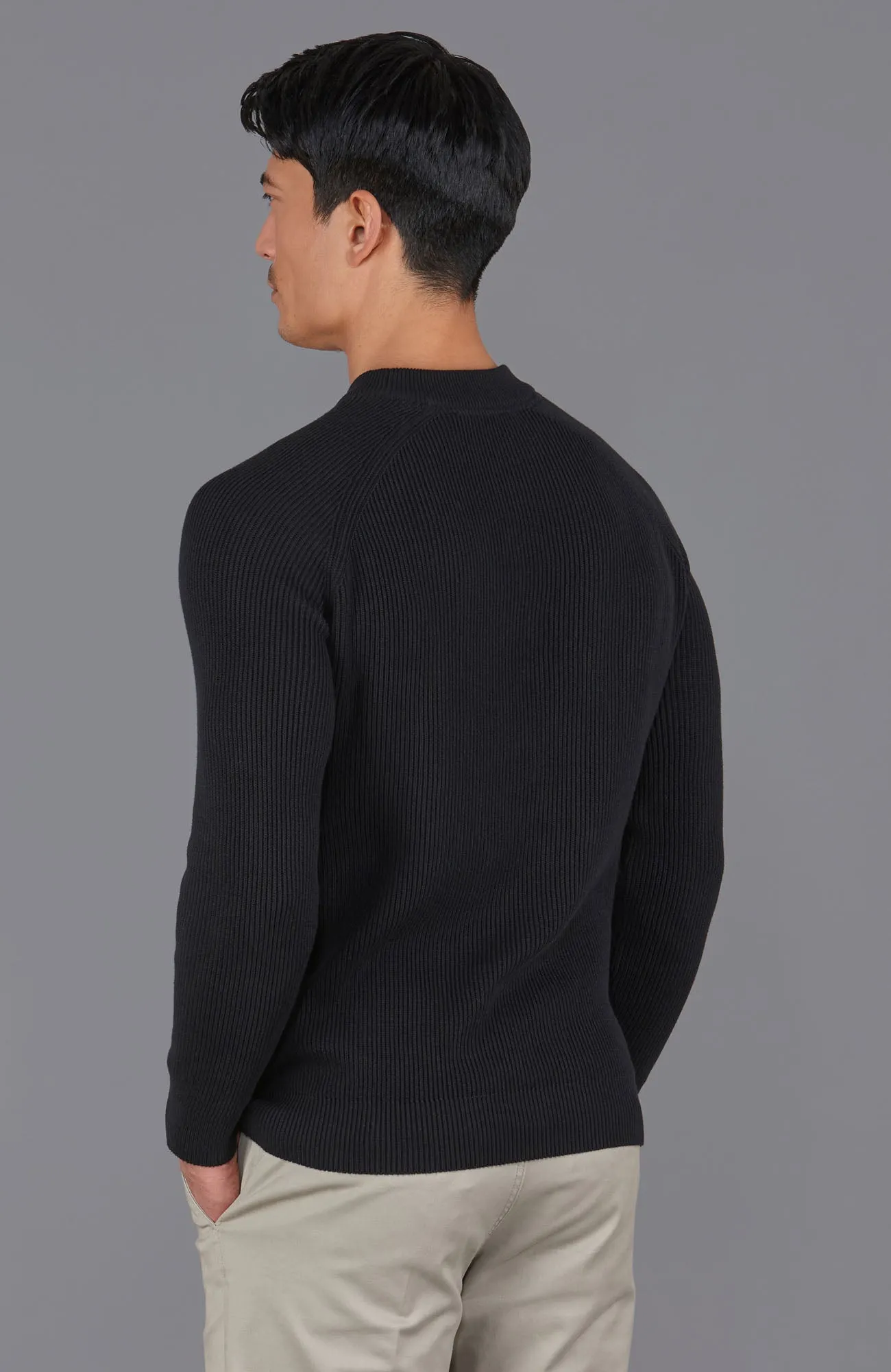 Mens Midweight Cotton Ribbed High Crew Neck Jumper