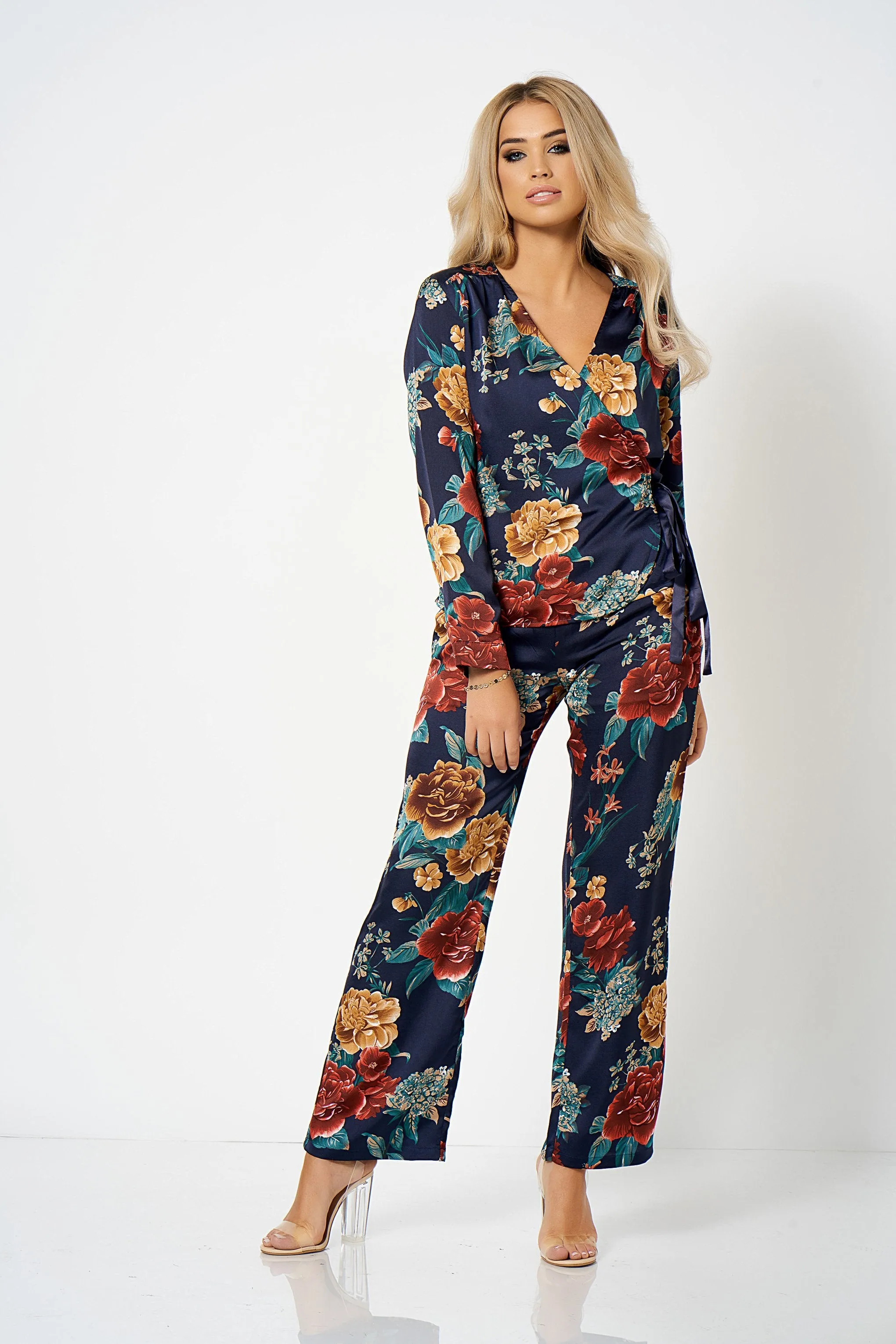 Navy Floral Wrap Tie Side Co-ord Blouse