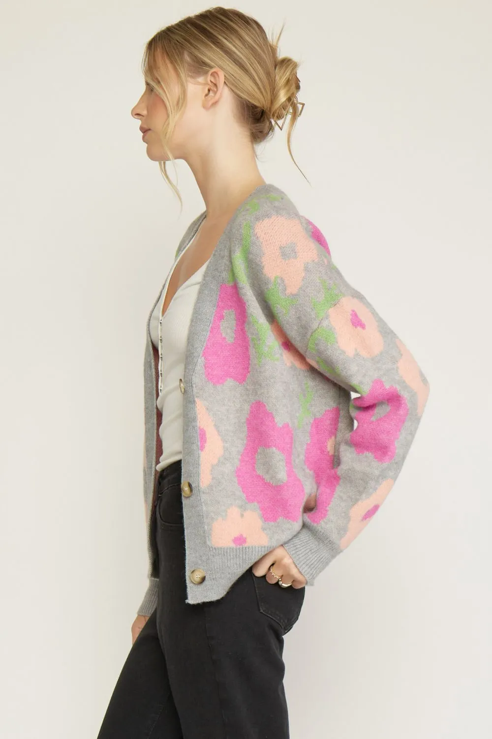 New Beginnings Grey Floral Cardigan