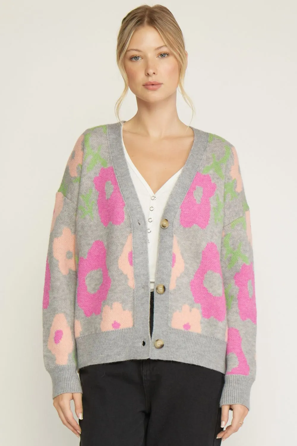 New Beginnings Grey Floral Cardigan