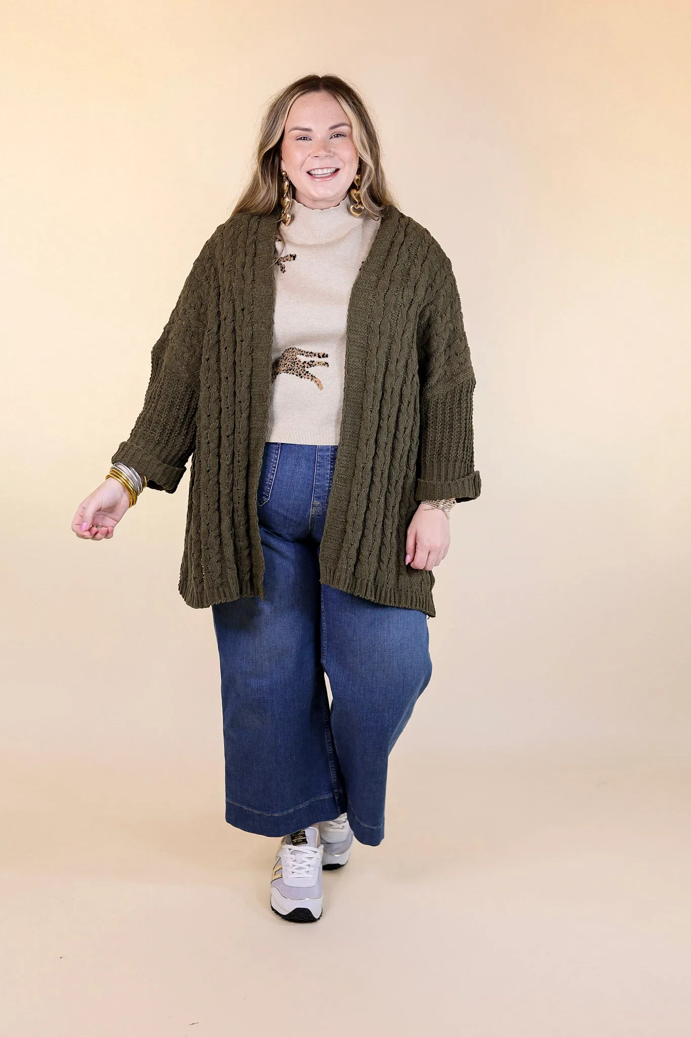 On My Level Chenille Cable Knit Open Front Cardigan in Olive Green