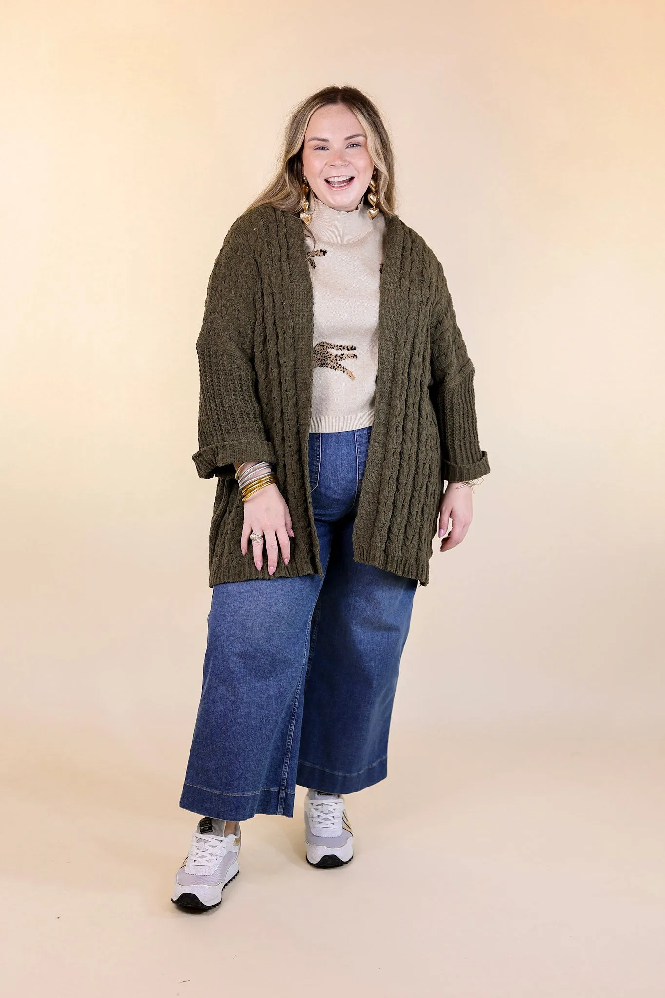 On My Level Chenille Cable Knit Open Front Cardigan in Olive Green