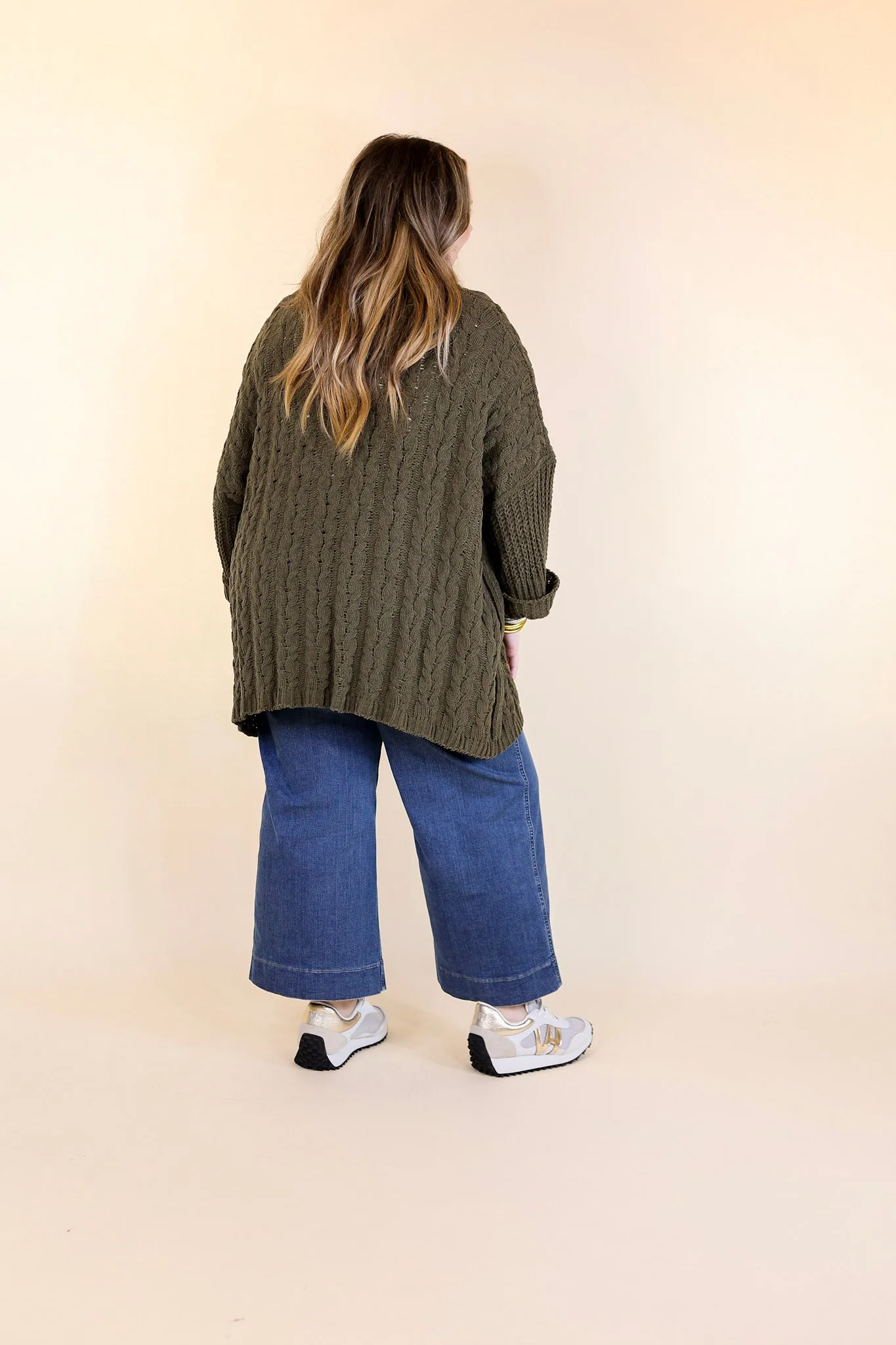 On My Level Chenille Cable Knit Open Front Cardigan in Olive Green