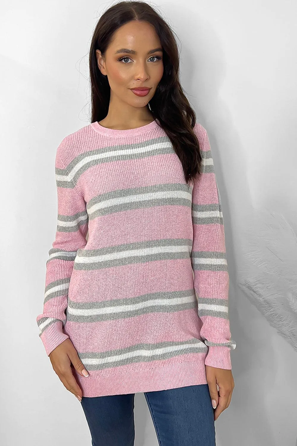 Pink In Grey Stripes Longline Pullover