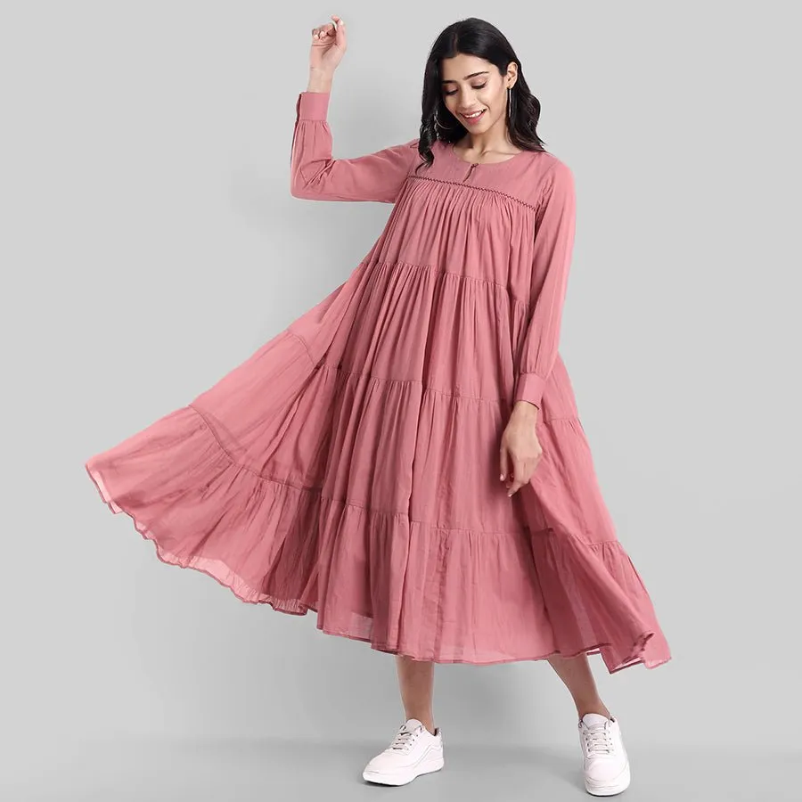 Pink Mul Cotton Graduated Long Dress