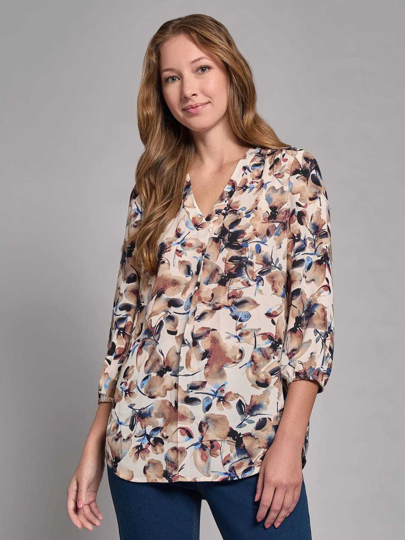 Print V-Neck Pleated Kelly Blouse