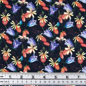 Printed Cotton Voile Fabric, Navy Blue Red Buds - Width 140cm