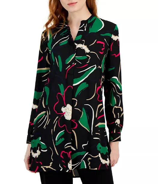 Printed Satin Nehru Tunic Top Anne Black/Emerald Multi