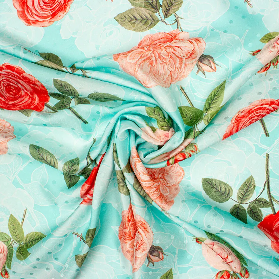 Red & Pink Floral Printed Pale Turquoise Silk Jacquard