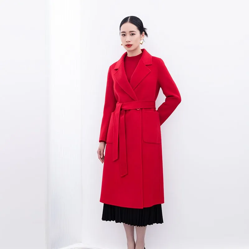 Red Lapel Long Wool Cashmere Coats with Belt