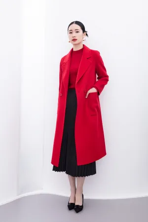 Red Lapel Long Wool Cashmere Coats with Belt