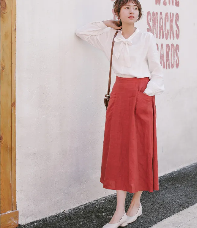 Red Women's Skirts Summer Linen Skirt Elastic Waist SJ09755