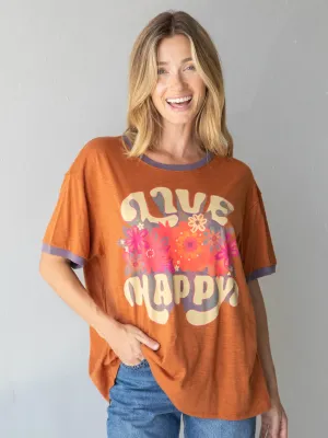 Ringer Oversized Tee Shirt - Burnt Orange Live Happy