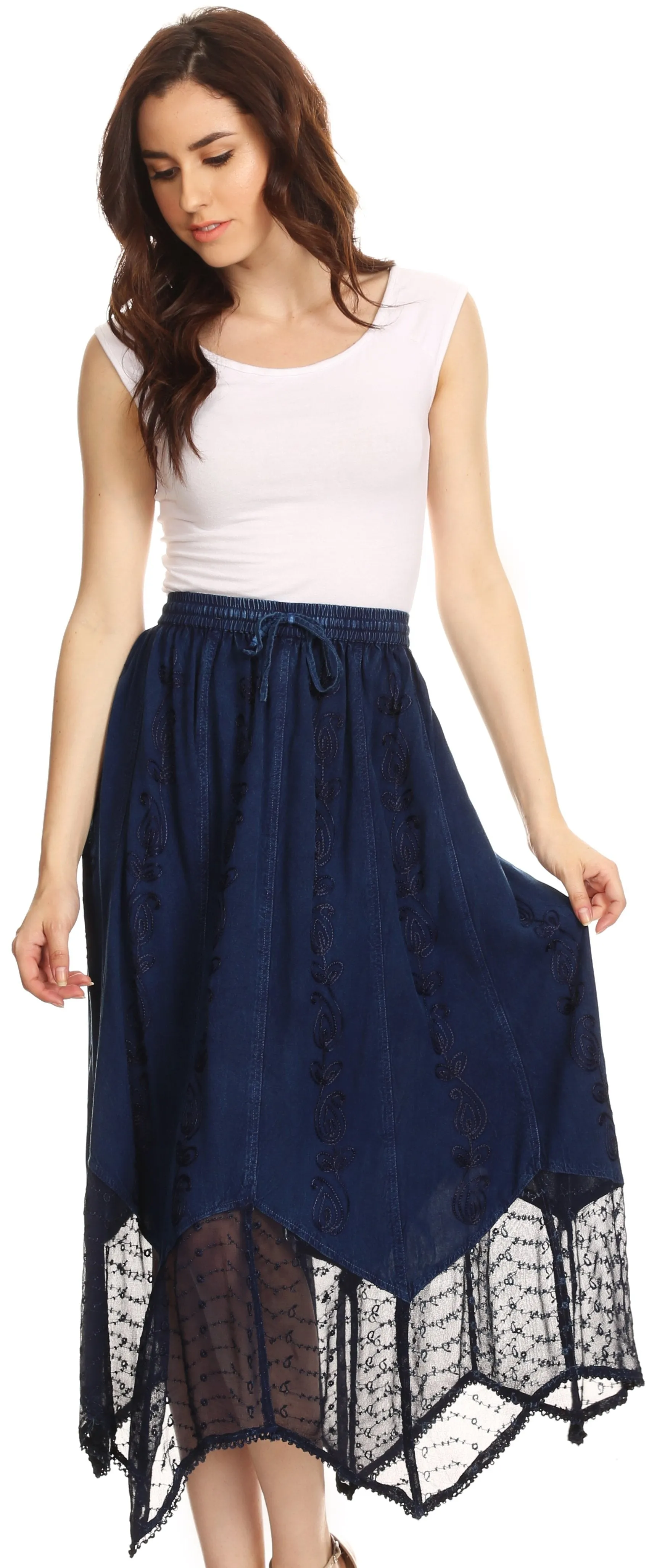 Sakkas Emma Adjustable Handkerchief  Eyelet Hem Casual Skirt with  Embroidery