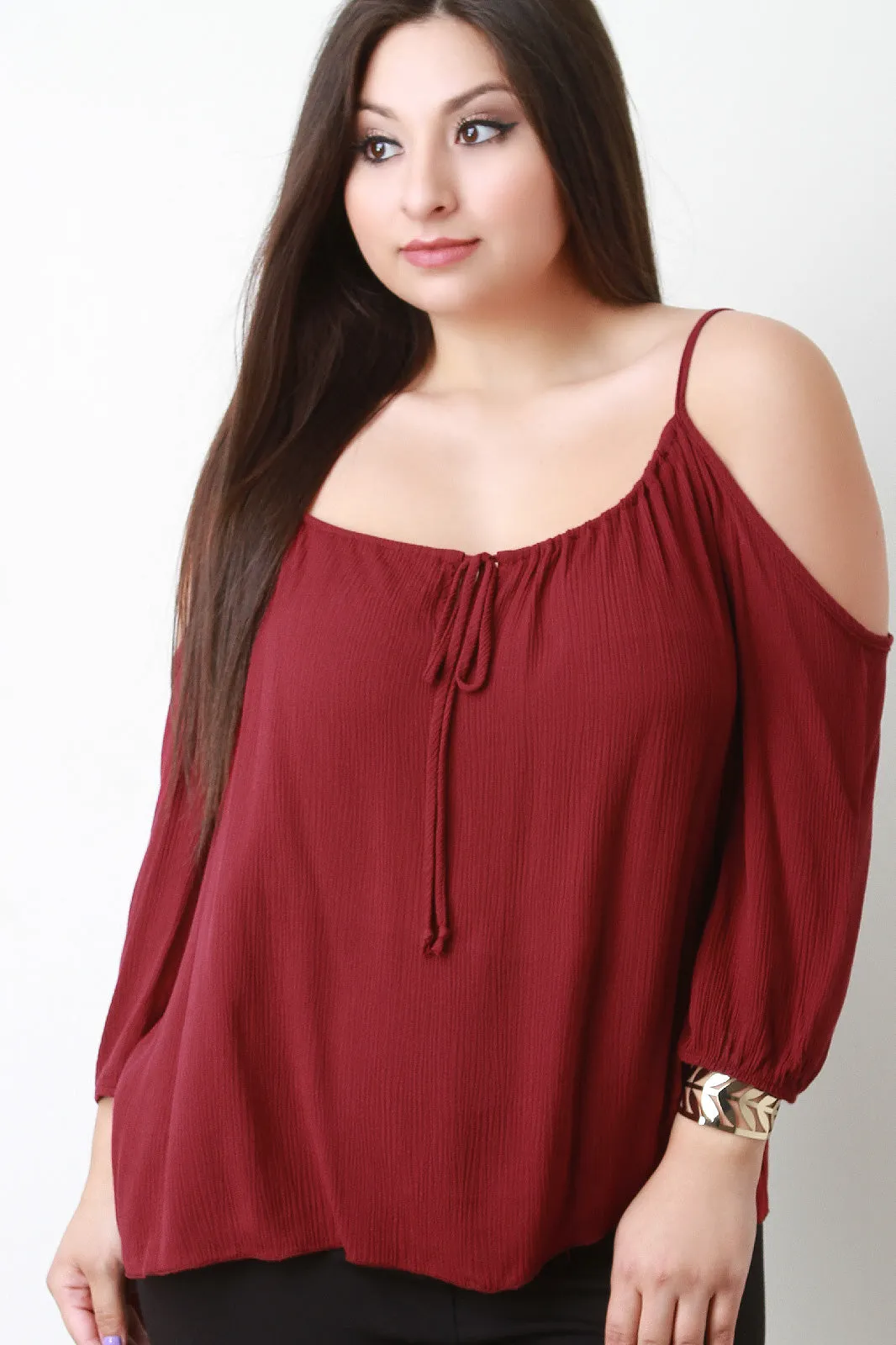 Textured Knit Cold Shoulder Flowy Top