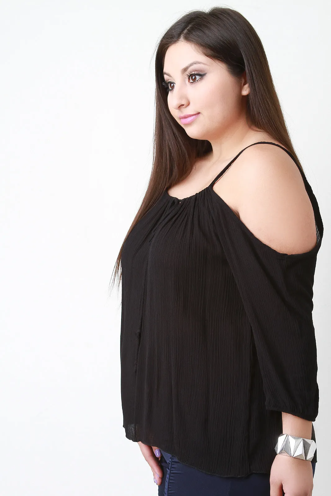 Textured Knit Cold Shoulder Flowy Top