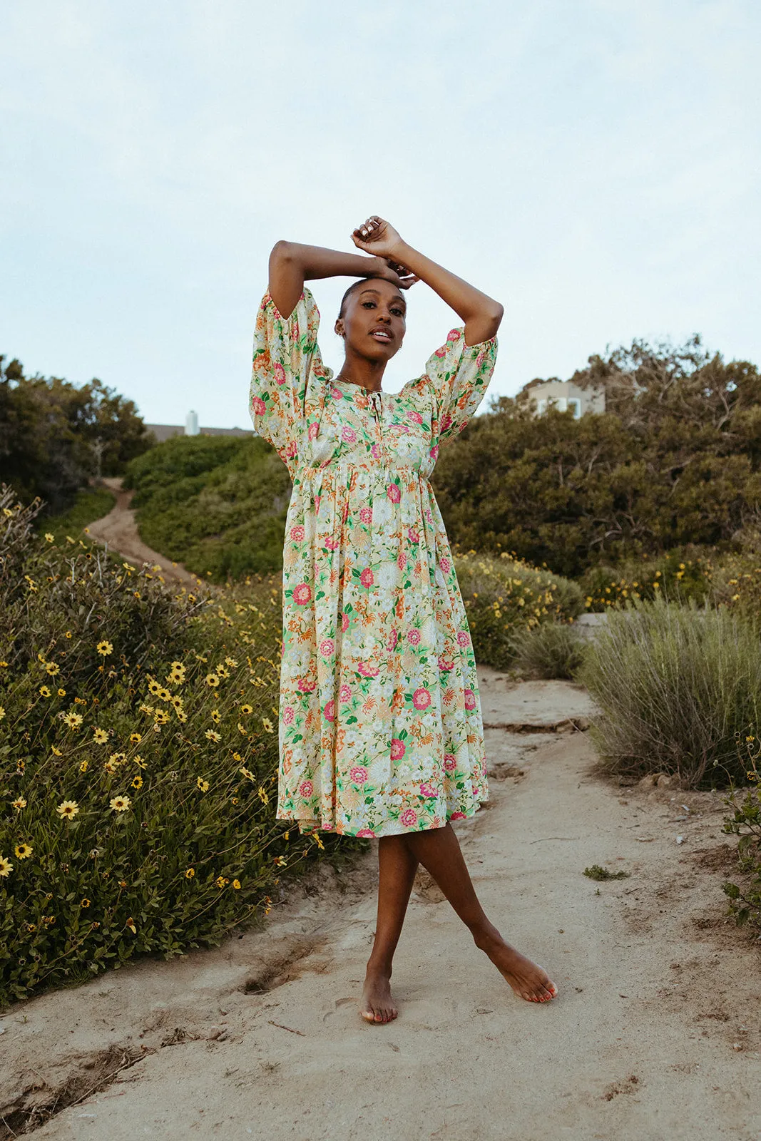 The Bearden Tie-Front Floral Midi Dress in Light Yellow