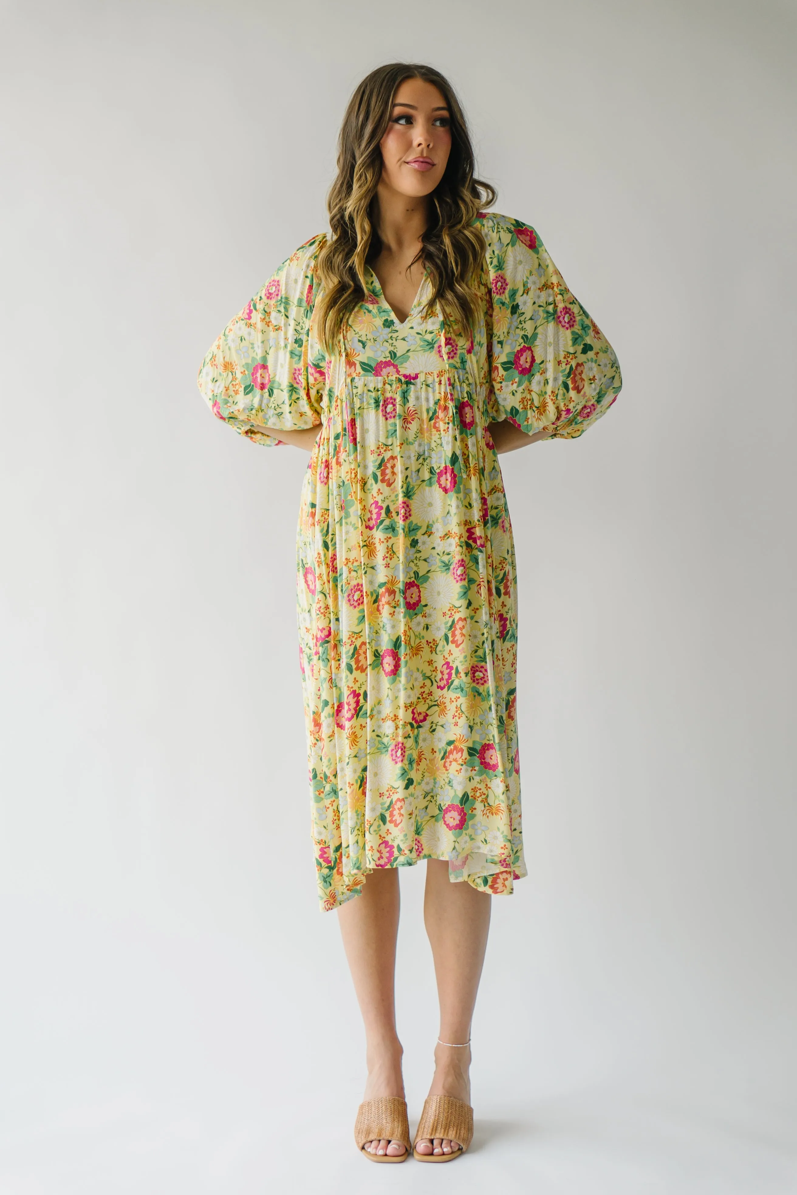 The Bearden Tie-Front Floral Midi Dress in Light Yellow