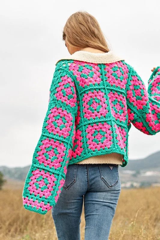 Two-Tone Floral Square Crochet Open Knit Cardigan