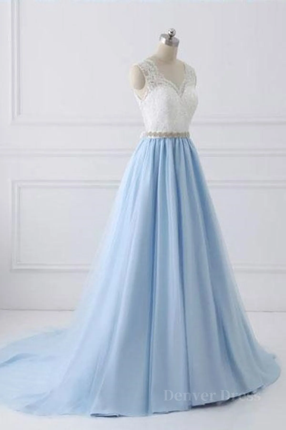 V Neck Light Blue Lace Prom Dresses Light Blue Lace Formal Evening Dresses