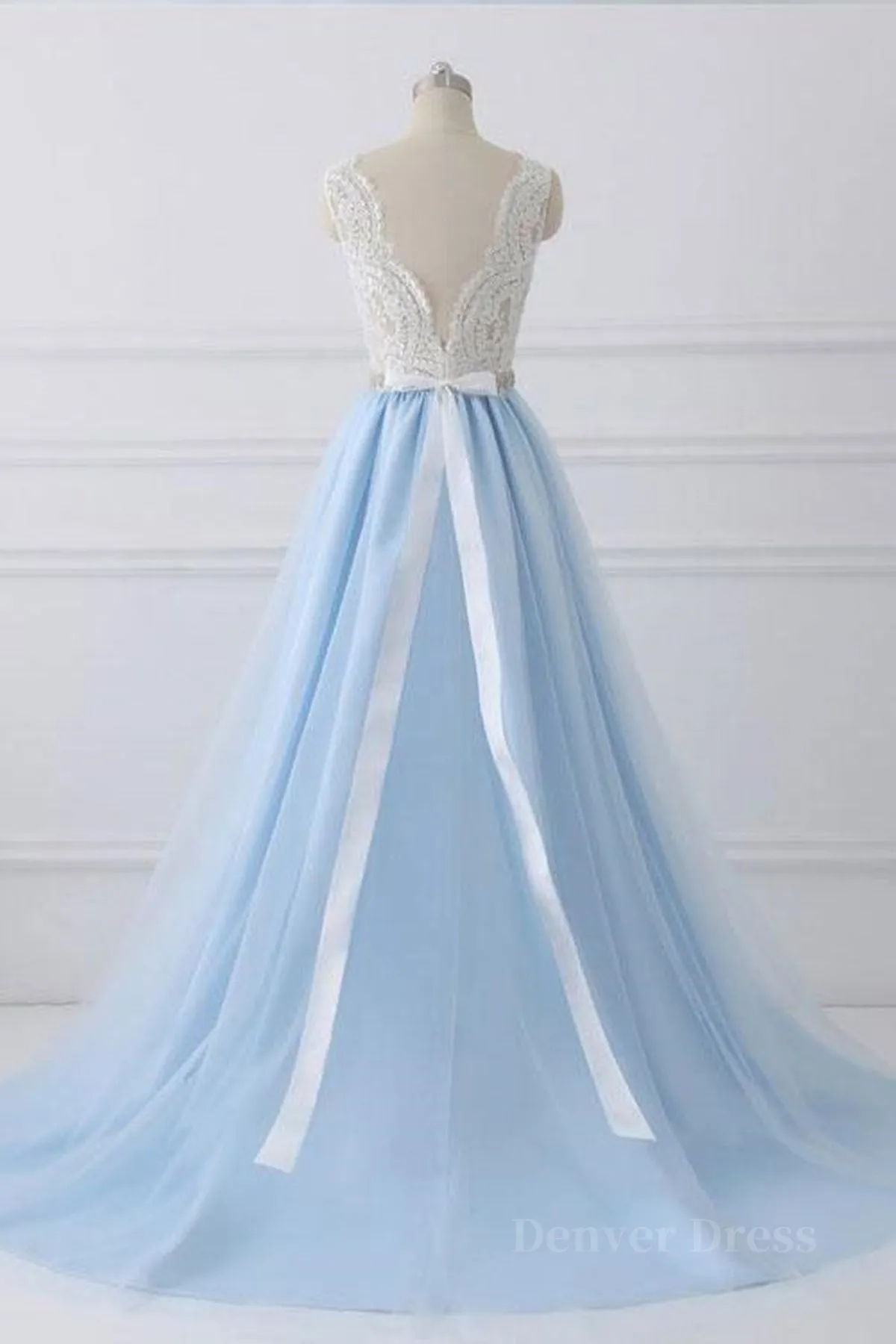 V Neck Light Blue Lace Prom Dresses Light Blue Lace Formal Evening Dresses