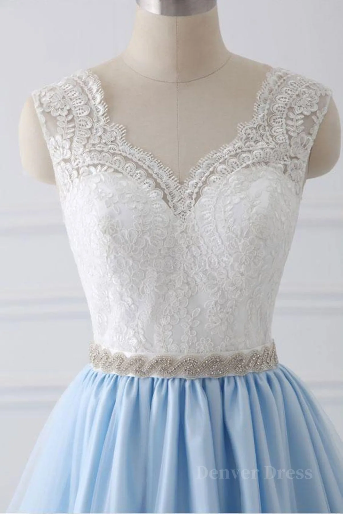 V Neck Light Blue Lace Prom Dresses Light Blue Lace Formal Evening Dresses