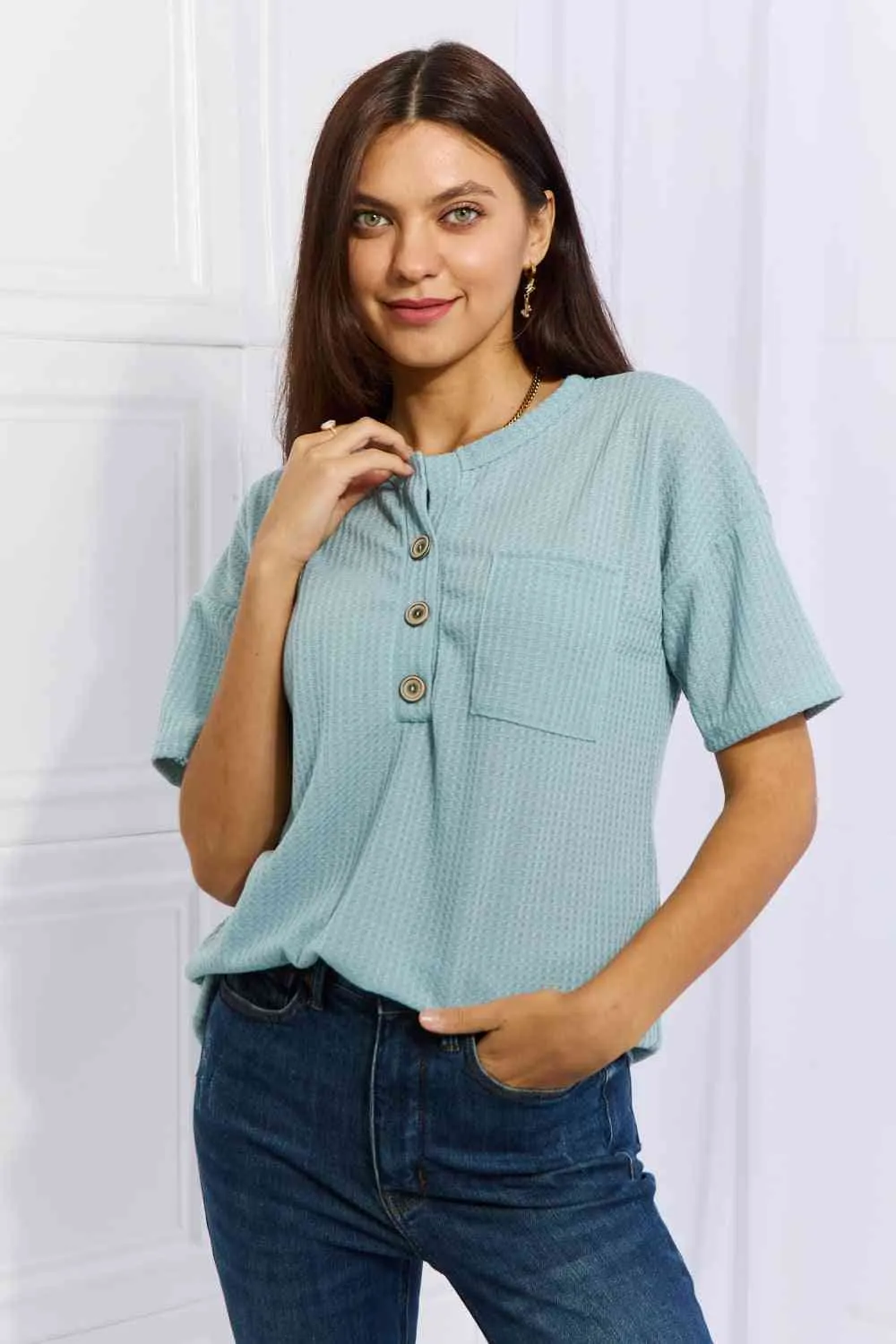 Women's Heimish Made For You Full Size 1/4 Button Down Waffle Top in Blue