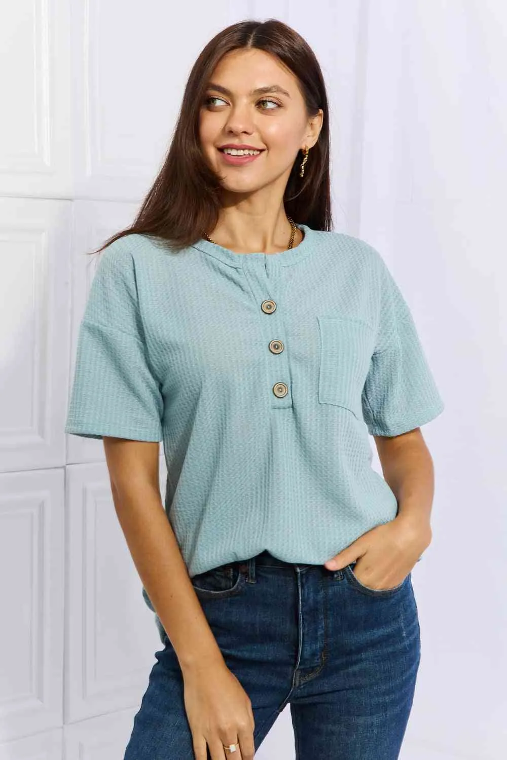 Women's Heimish Made For You Full Size 1/4 Button Down Waffle Top in Blue