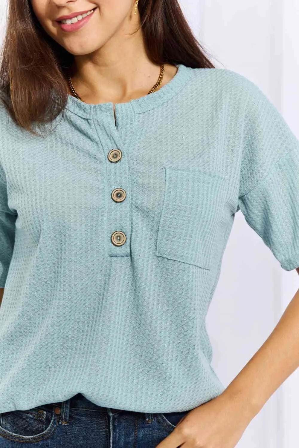 Women's Heimish Made For You Full Size 1/4 Button Down Waffle Top in Blue