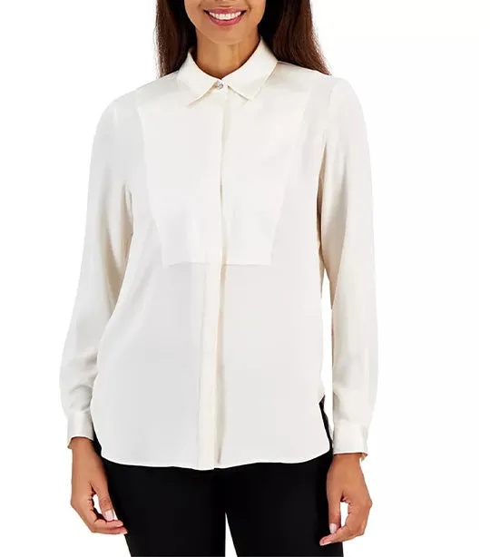 Women's Long Sleeve Tuxedo Button-Up Shirt Anne White